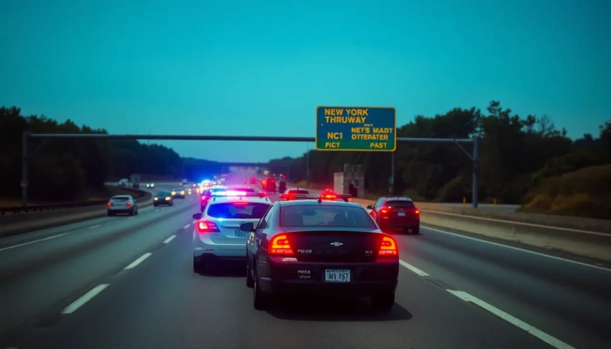 New York Thruway scene with a police car and vibrant traffic lights.