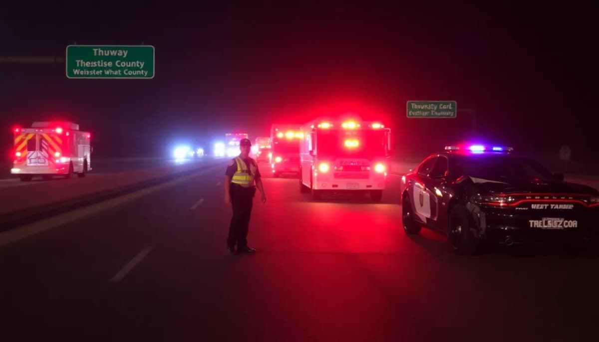 Thruway emergency scene with a state trooper and patrol car.