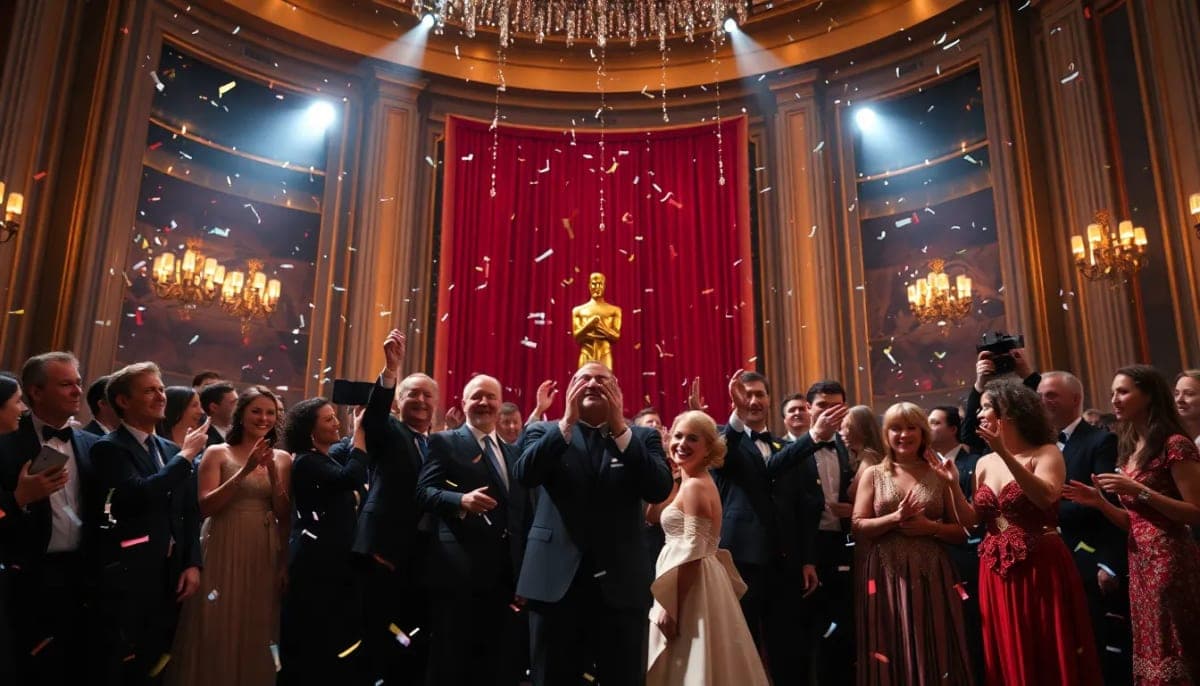 Filmmakers at the Oscars celebrating their Best Picture win.