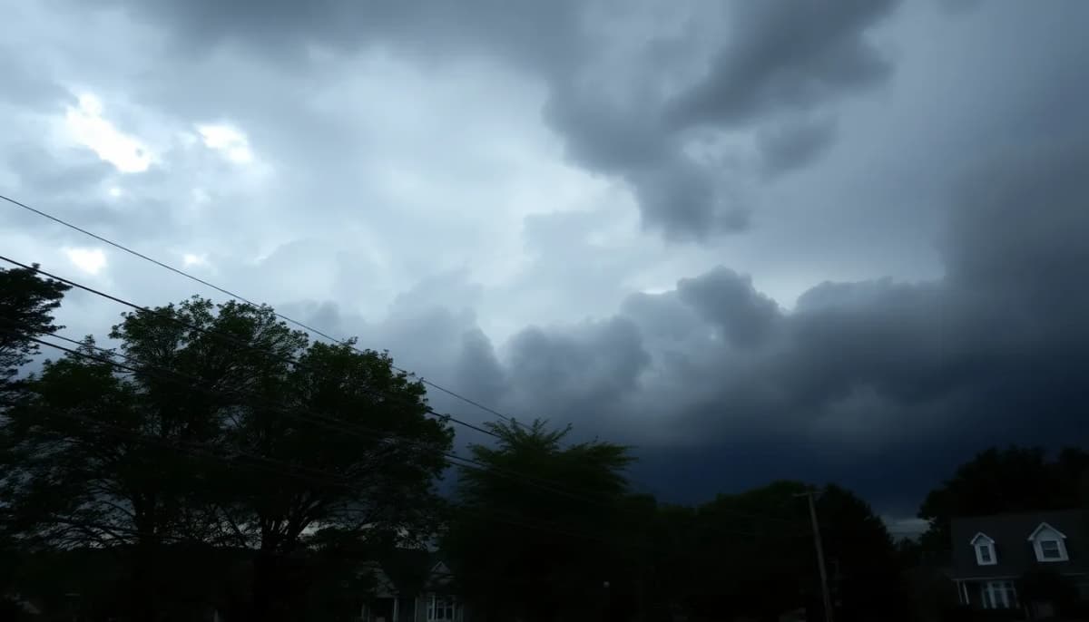 Storm clouds and high winds over a suburban neighborhood in Westchester County.