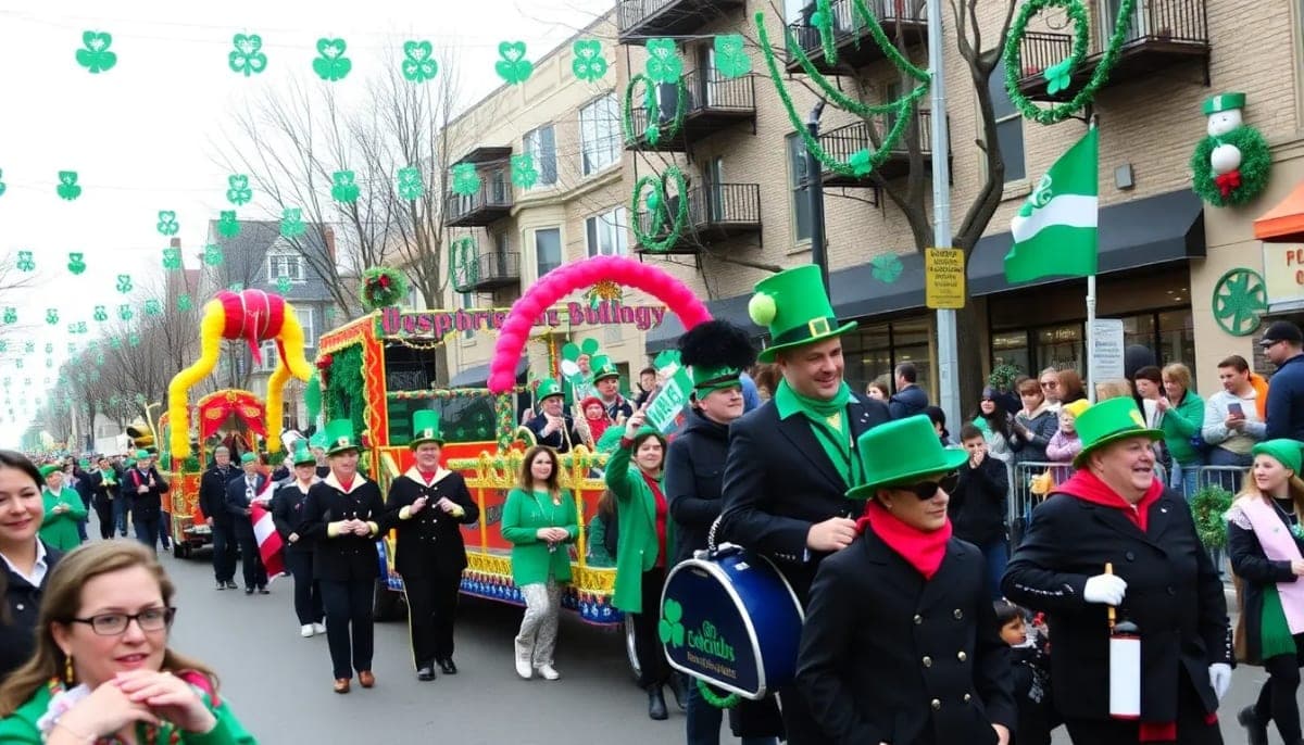 Colorful St. Patrick's Day parade in Westchester with festive participants and floats.