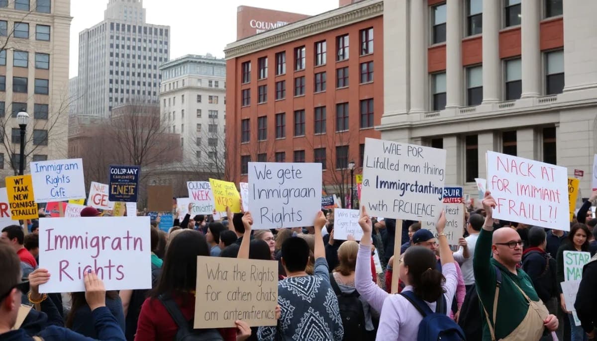 Supporters rallying for immigrant rights at Columbia University, highlighting community activism.