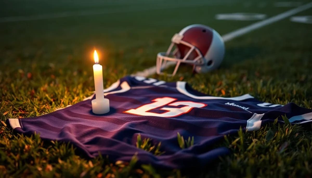 Tribute to Rex Culpepper with a jersey and candle on a football field.