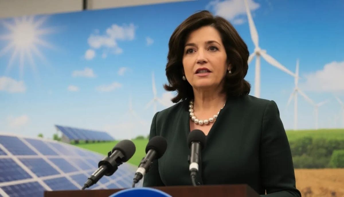Governor Hochul discussing climate law changes with solar panels in the background.