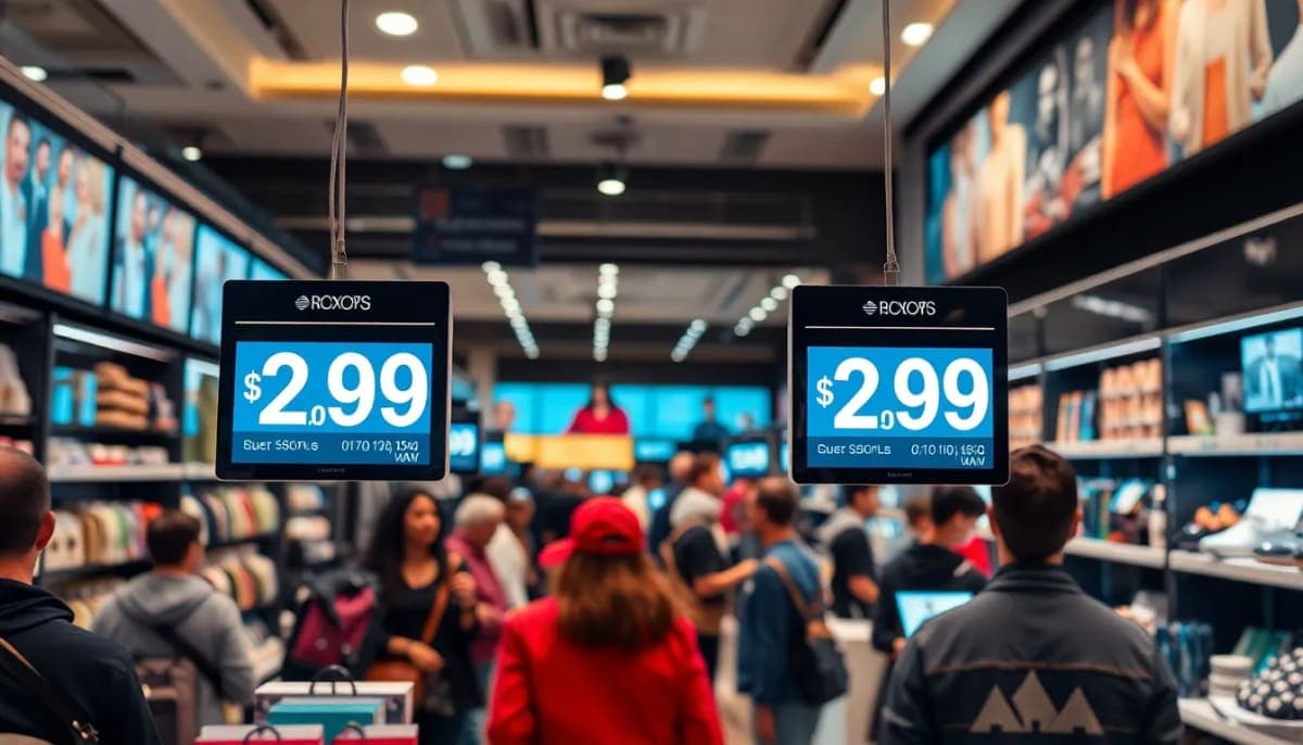Interior of a retail store highlighting electronic price tags and shoppers.