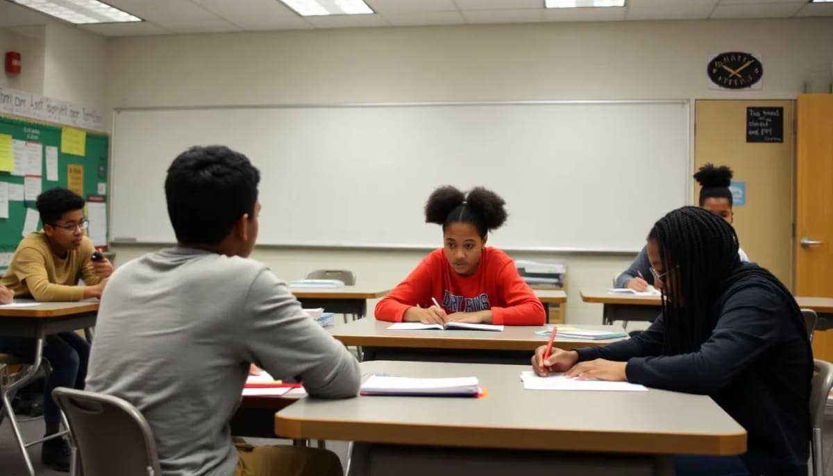 Students in Irvington Middle School engaged in writing essays.