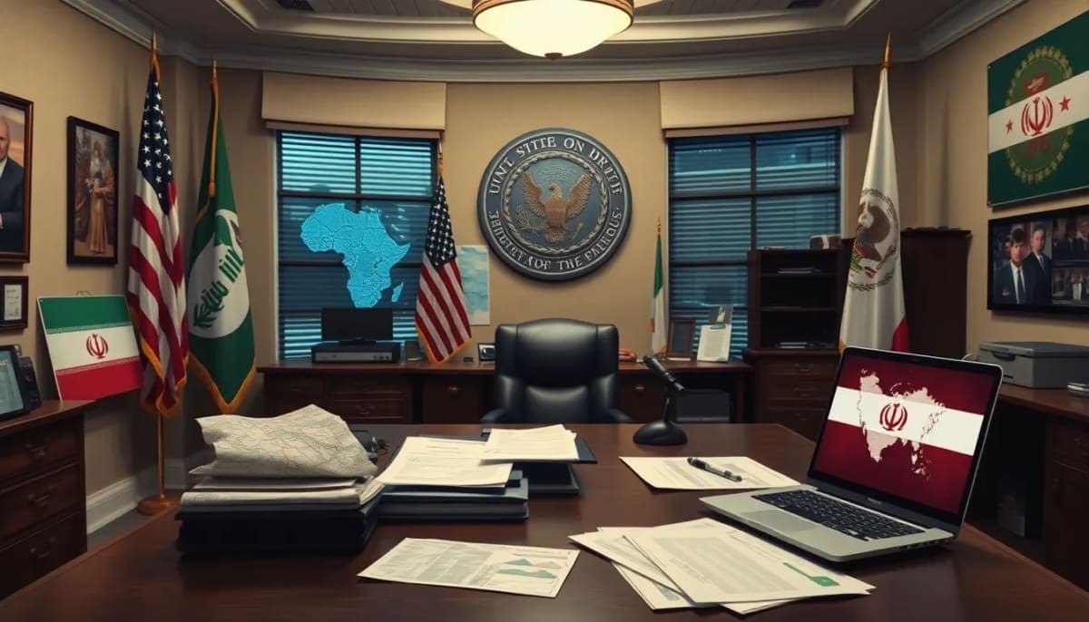 U.S. intelligence office with maps and reports related to national security.