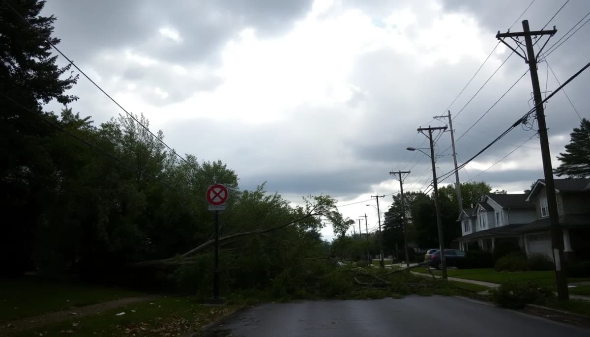 Storm damage in Westchester with fallen trees and power lines blocking the street.