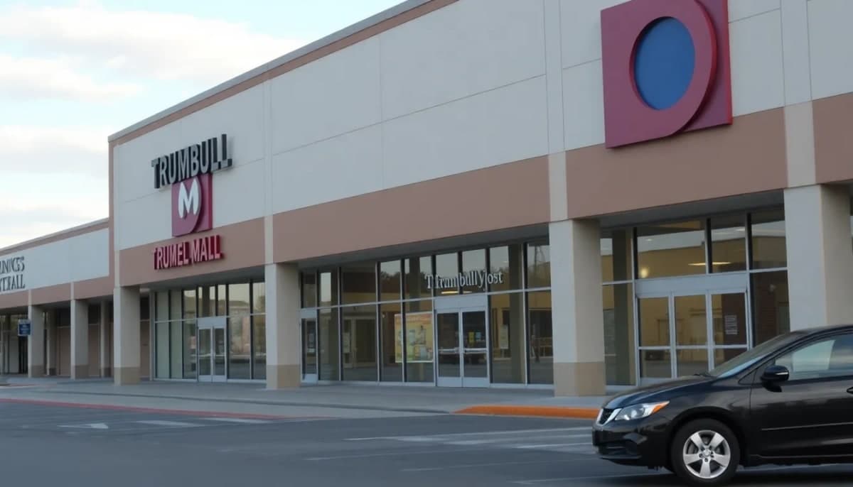 Exterior view of Trumbull Mall with visible vacant storefronts.
