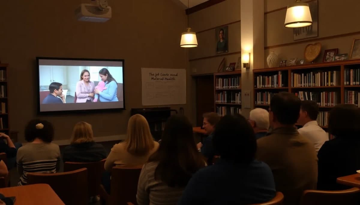 Community members engaged in a film screening at New Rochelle Public Library about maternal mental health.