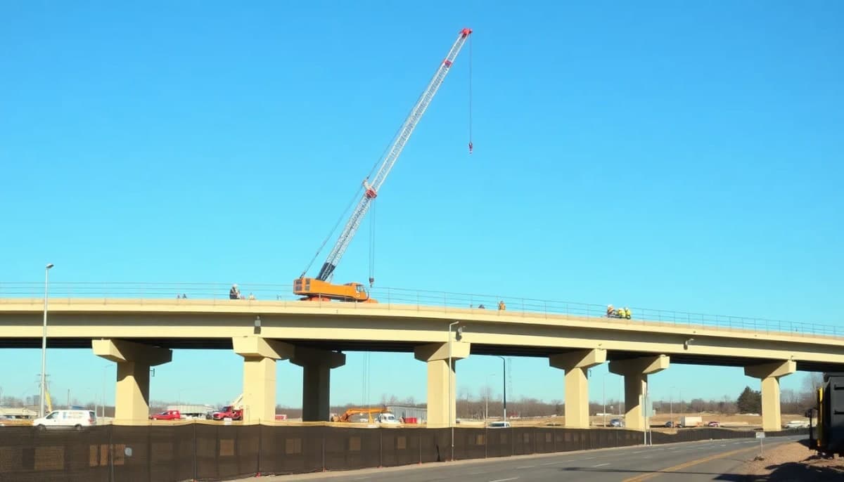 Construction workers and cranes at Malden Turnpike Bridge replacement site over Thruway.