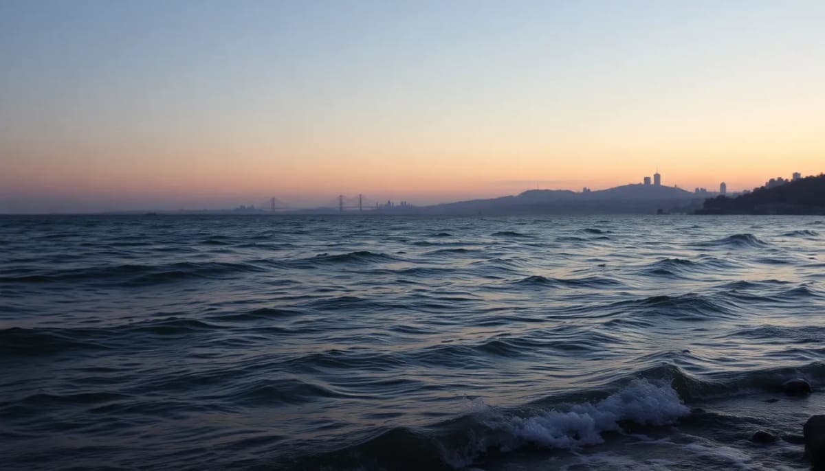 San Francisco Bay at sunset, reflecting a somber mood after a tragic incident.