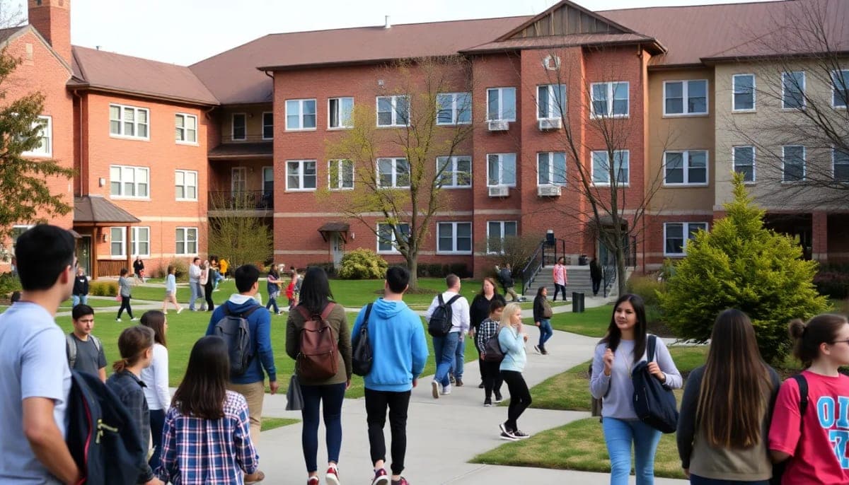 Students on a college campus in Yonkers discussing housing opportunities.
