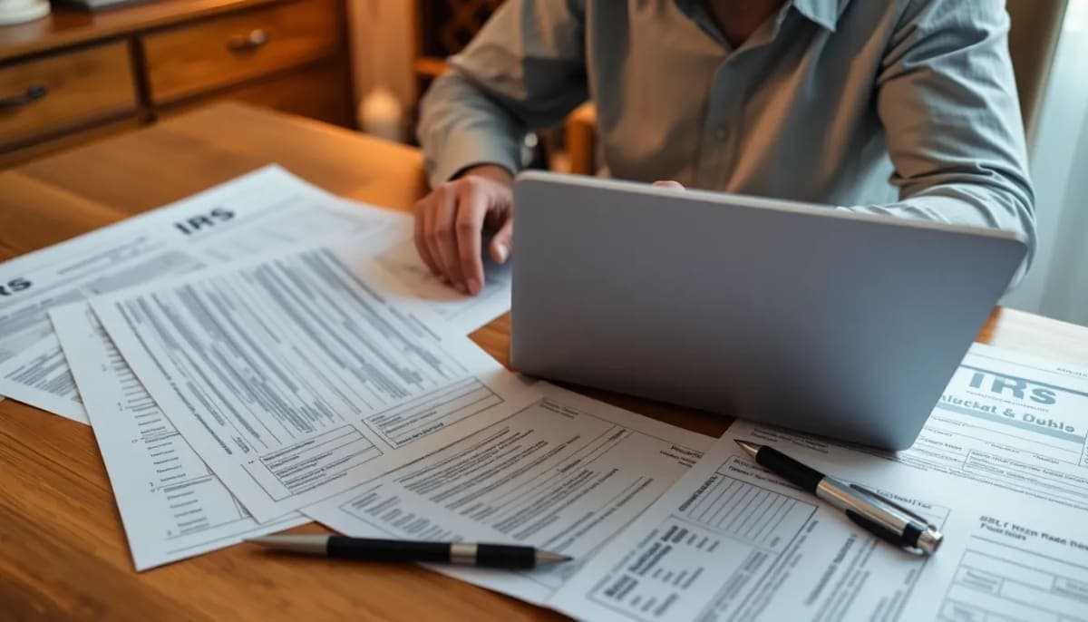 Person reviewing IRS documents and tax forms at home, symbolizing financial recovery.