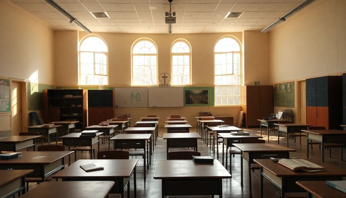 Empty classroom in a closed school, highlighting the impact of school closures.