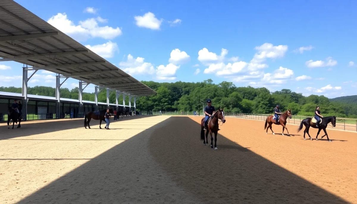 Equestrian arena in Westchester with horses and trainers on quality surfaces.