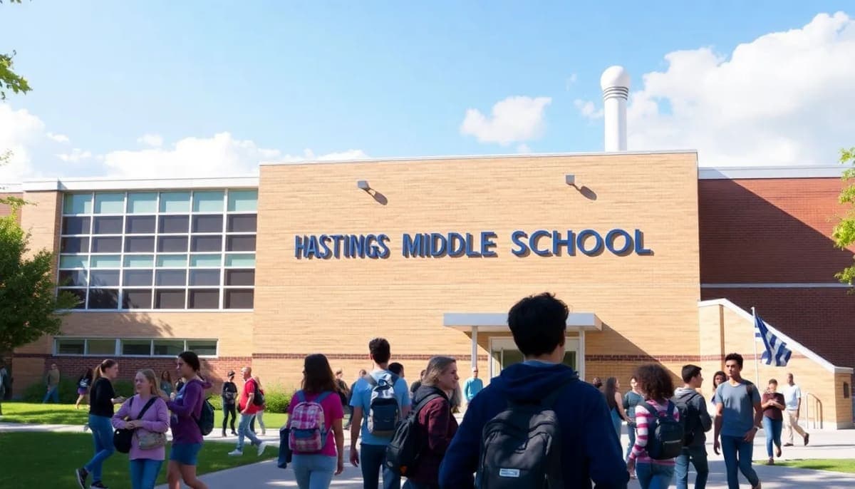 Exterior of Hastings Middle School with students and greenery.