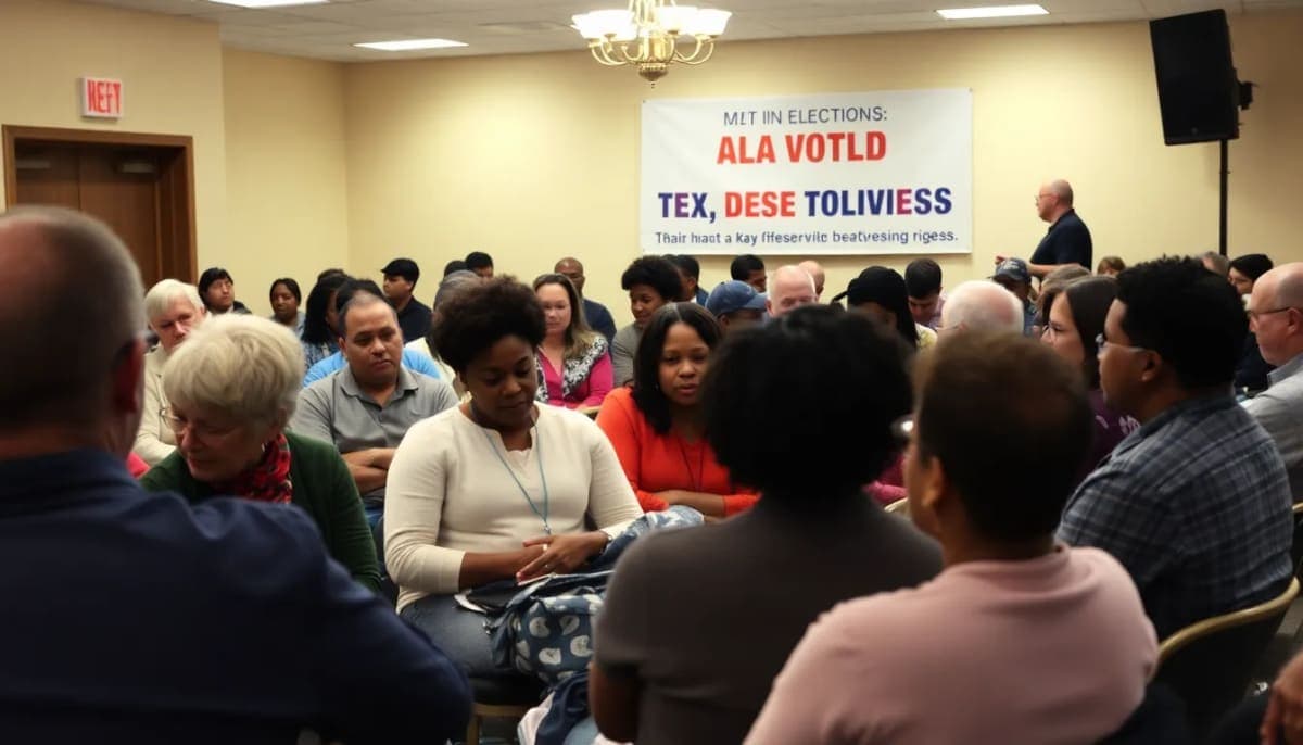 Residents of Mt. Pleasant discussing local voting changes in a town hall setting.