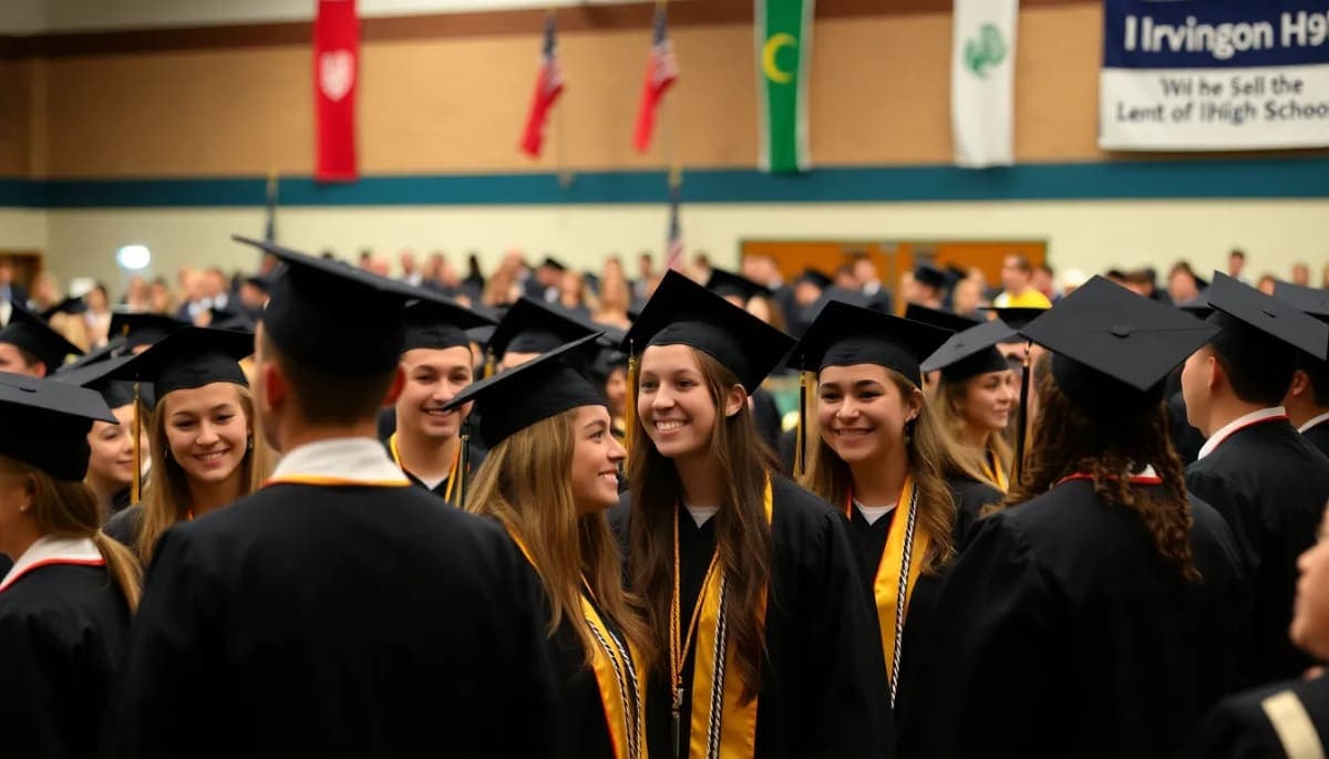 Students from Irvington High School celebrating graduation in their caps and gowns.