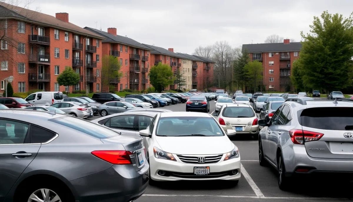 Busy parking area in Philips Manor, highlighting local congestion issues.