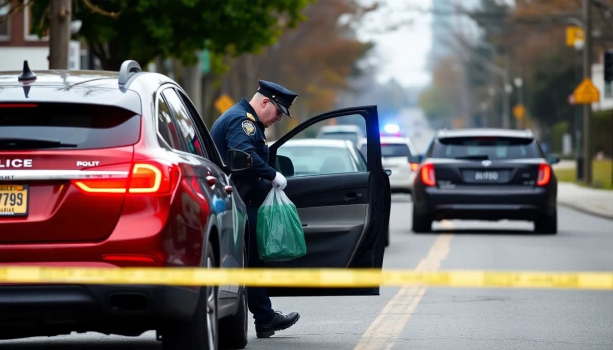 Police officer examining vehicle during drug bust in Westchester County.
