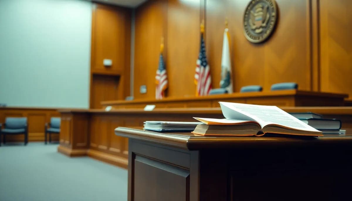 Interior of a federal courtroom featuring law books and documents.