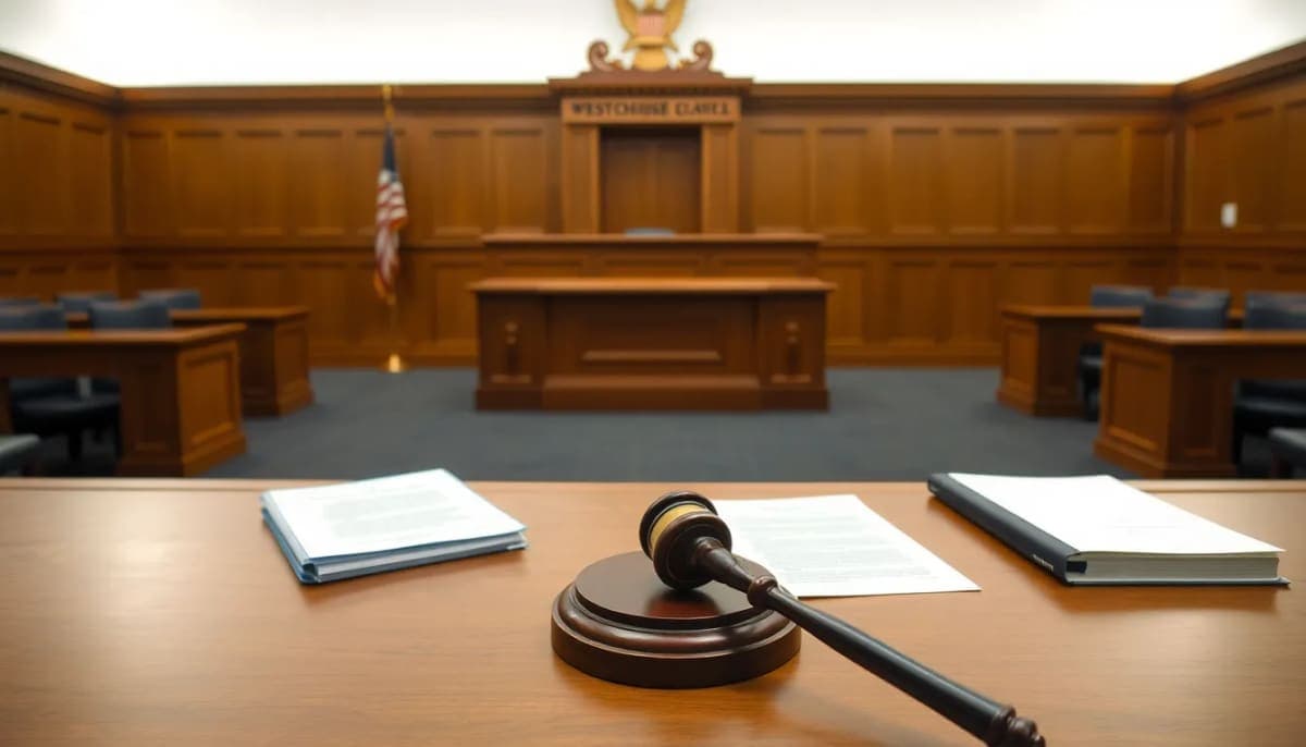 Empty jury box and gavel inside a courtroom in Westchester County.
