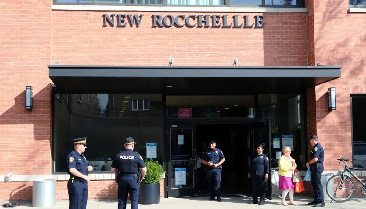 New Rochelle Police Department building with officers engaging with community.