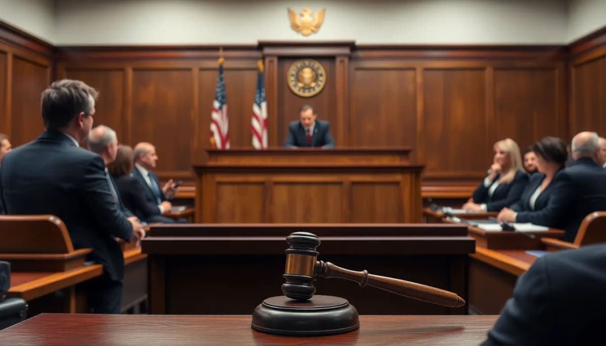 Courtroom scene depicting a tense atmosphere in New Rochelle, NY, during a murder trial.