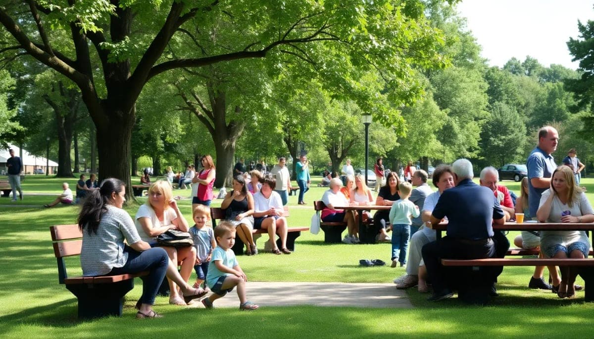 Crowded park in Westchester during lunchtime, showcasing families and children.