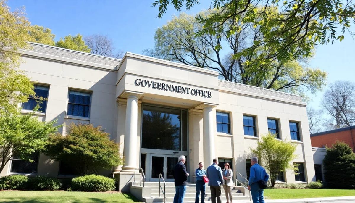 Workers gathered outside a Dutchess County government building, discussing labor matters.