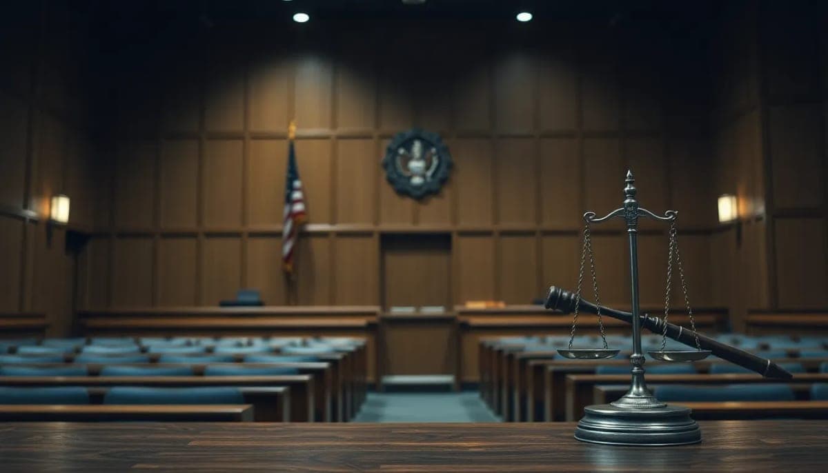 Courtroom interior symbolizing legal proceedings and justice.
