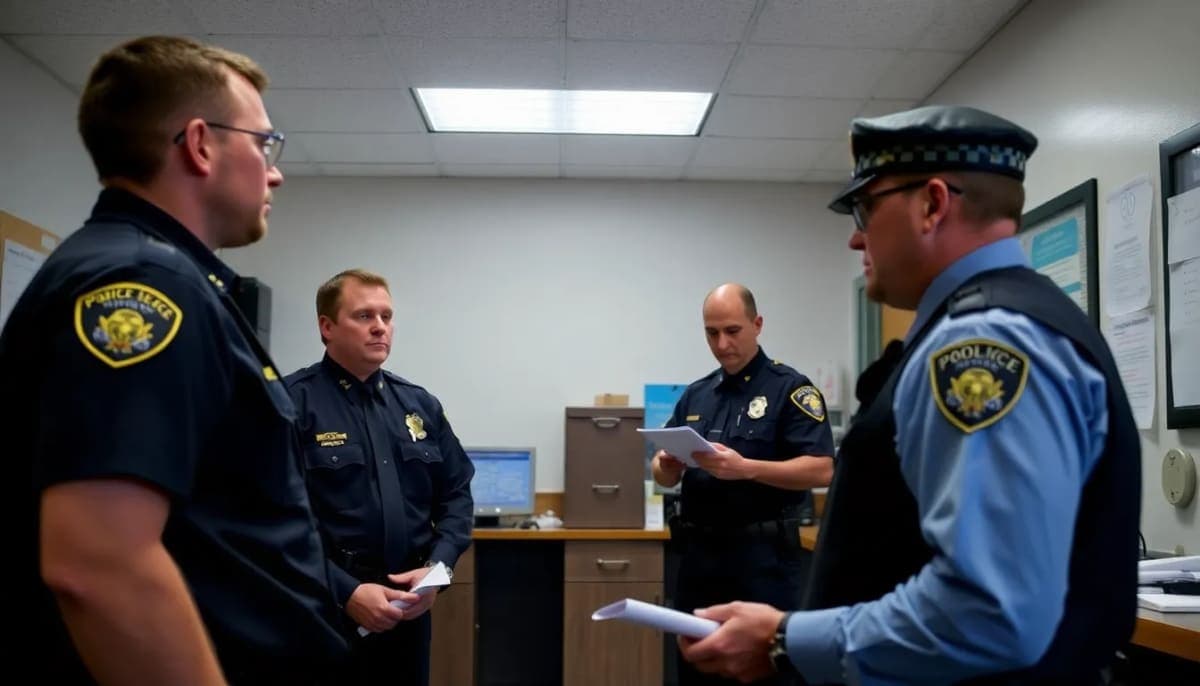 New Rochelle police officers discussing evidence handling outside the station.