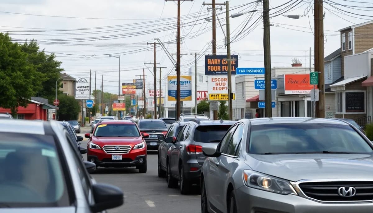 Street view of Westchester with parked cars and insurance advertisements.