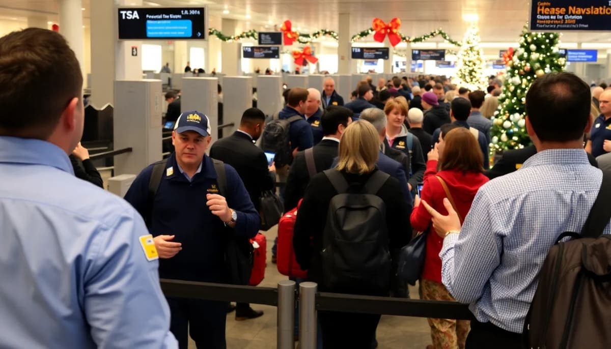 TSA workers at a busy airport security checkpoint ensuring passenger safety.