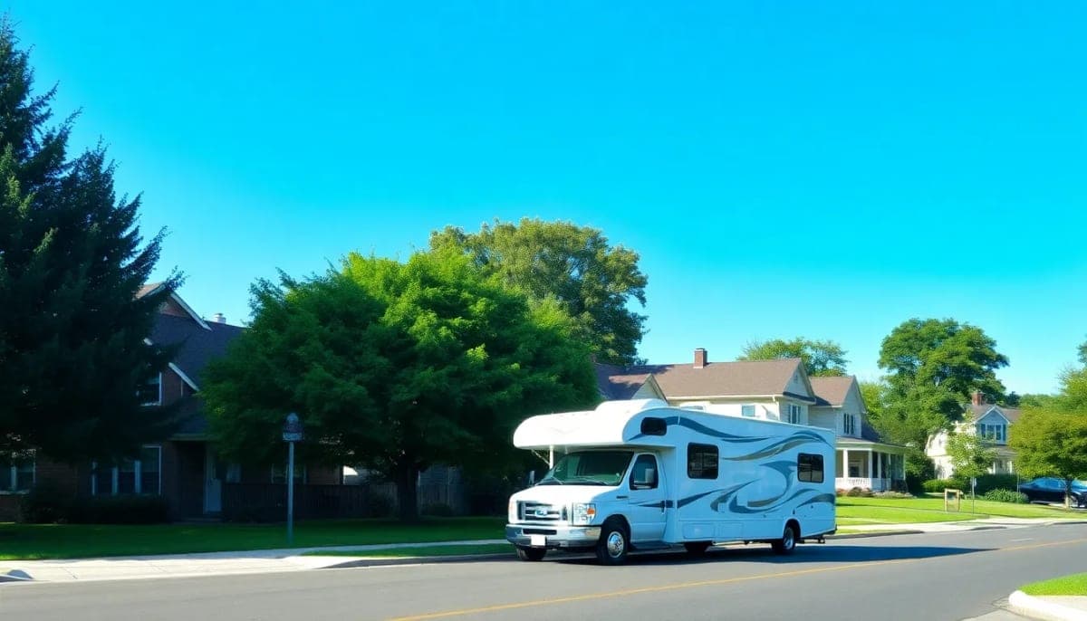 Residential street in New Windsor with an RV parked outside a house.