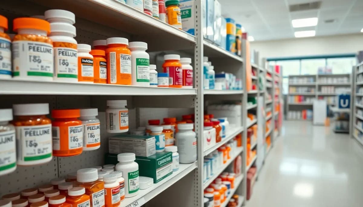 Pharmacy shelf showing bulk medications available in the U.S.