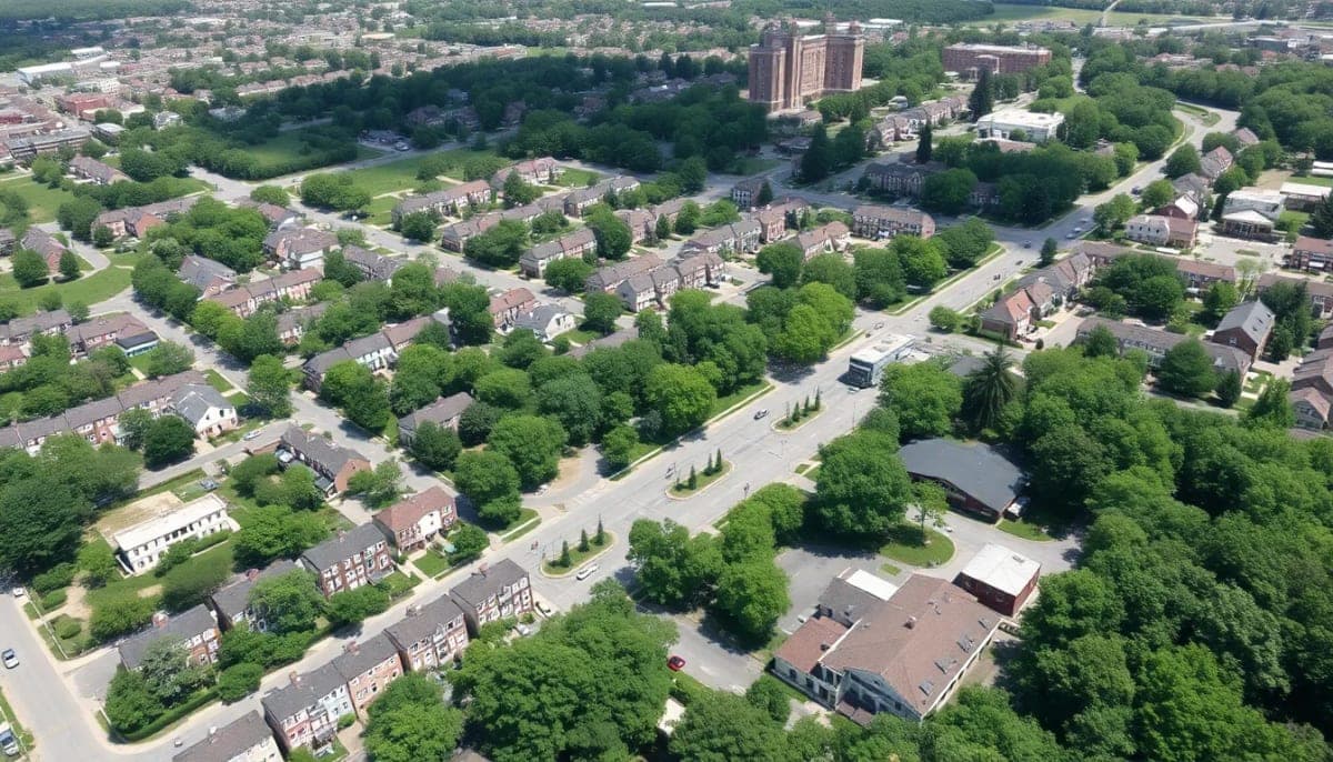 Aerial view of Scarsdale, NY highlighting village features and greenery.
