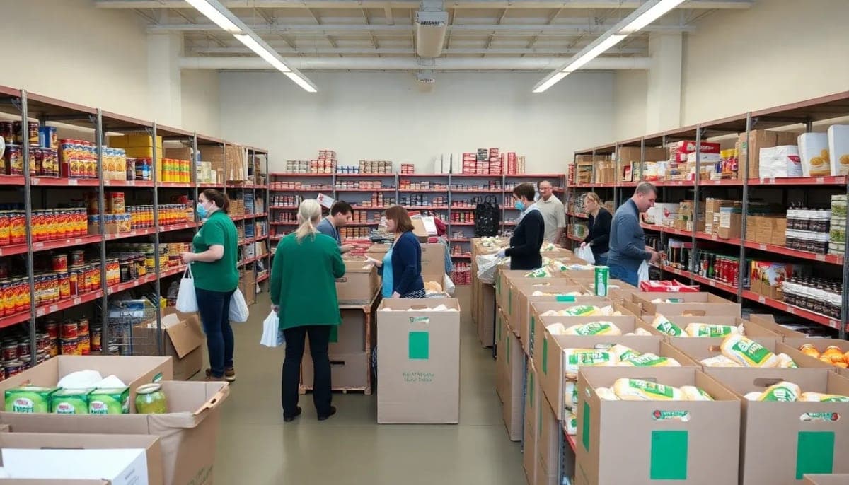 Interior of the Daily Bread Food Pantry with volunteers and food shelves