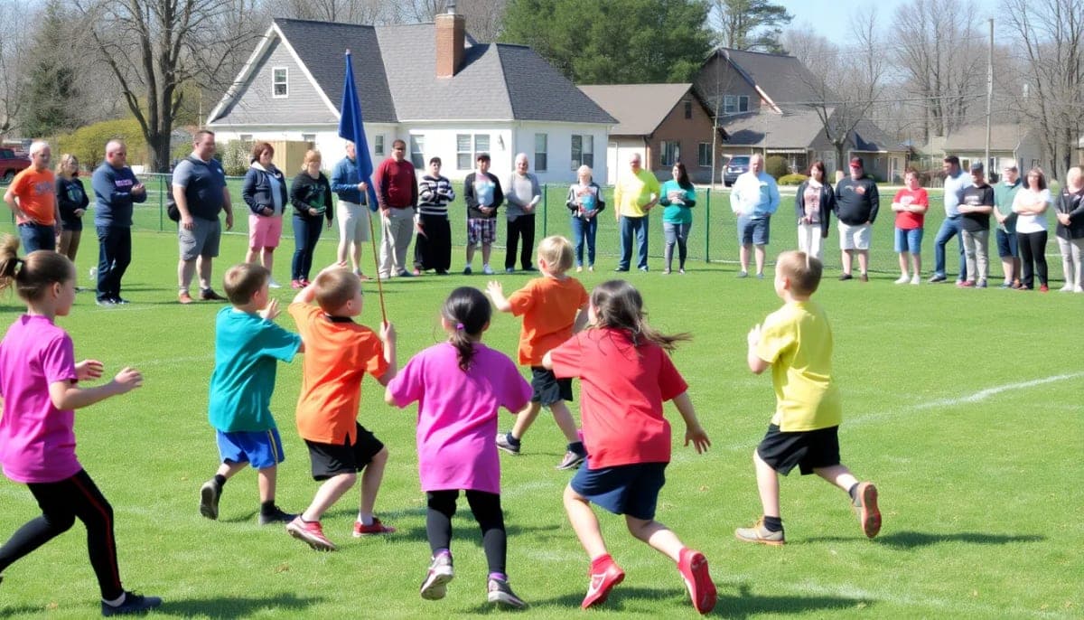 Youth flag football players in Fox Lane with families cheering on the sidelines.