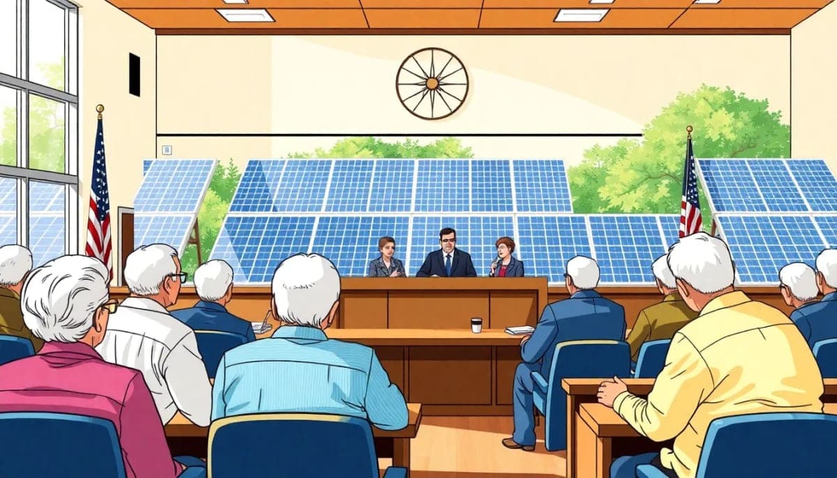 Westchester County town hall with solar panels and residents focused on renewable energy solutions.