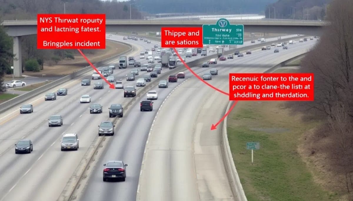 Image of the NYS Thruway showing damaged overpasses and traffic congestion.