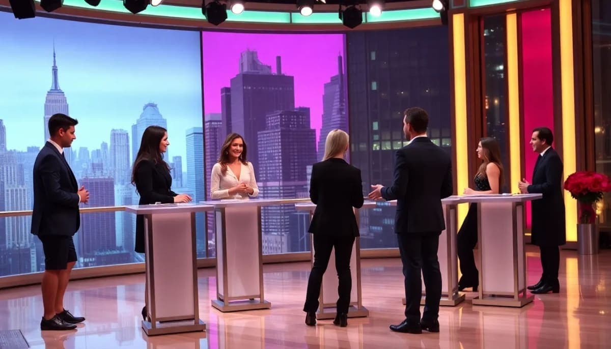 Contestants on a dating show set in New York, showcasing vibrant interactions.