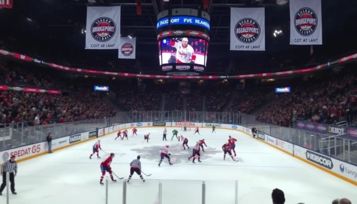 Hockey game at Hamilton arena with fans and teams in action.