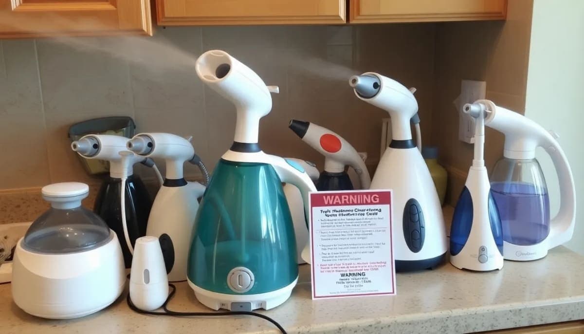 Steam cleaning devices with a warning label in a home kitchen setting.