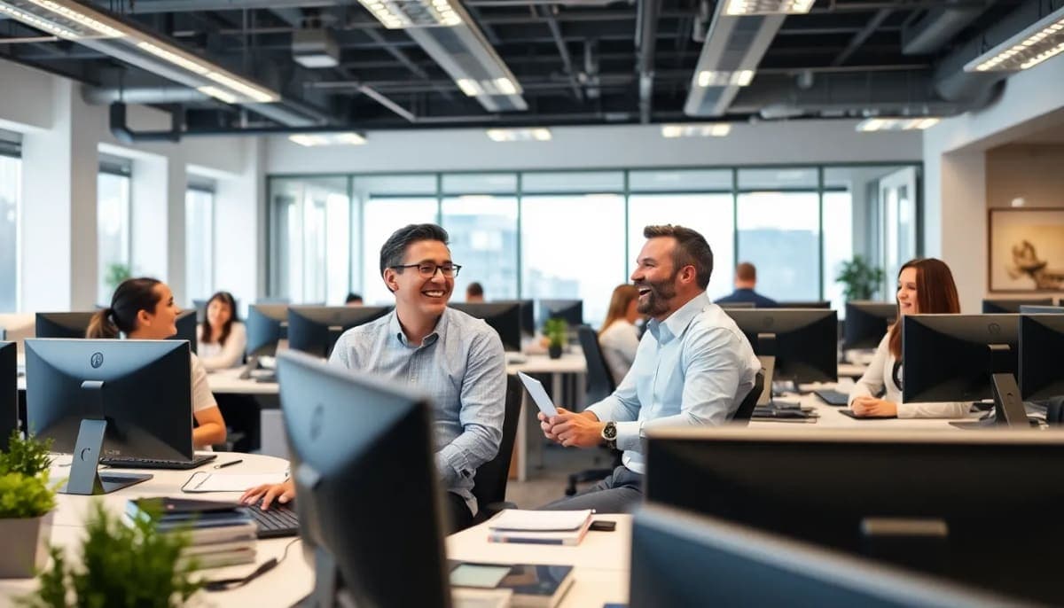 Employees in Westchester laughing together in a modern office setting.
