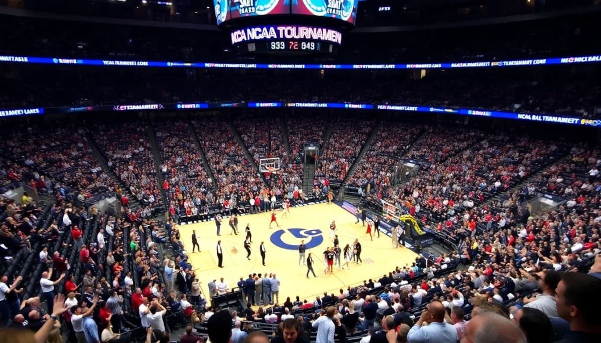 Excited college basketball fans at an NCAA Tournament game in a packed arena.