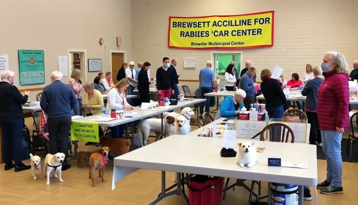 Rabies vaccination clinic at Brewster Municipal Center with pet owners and their animals.