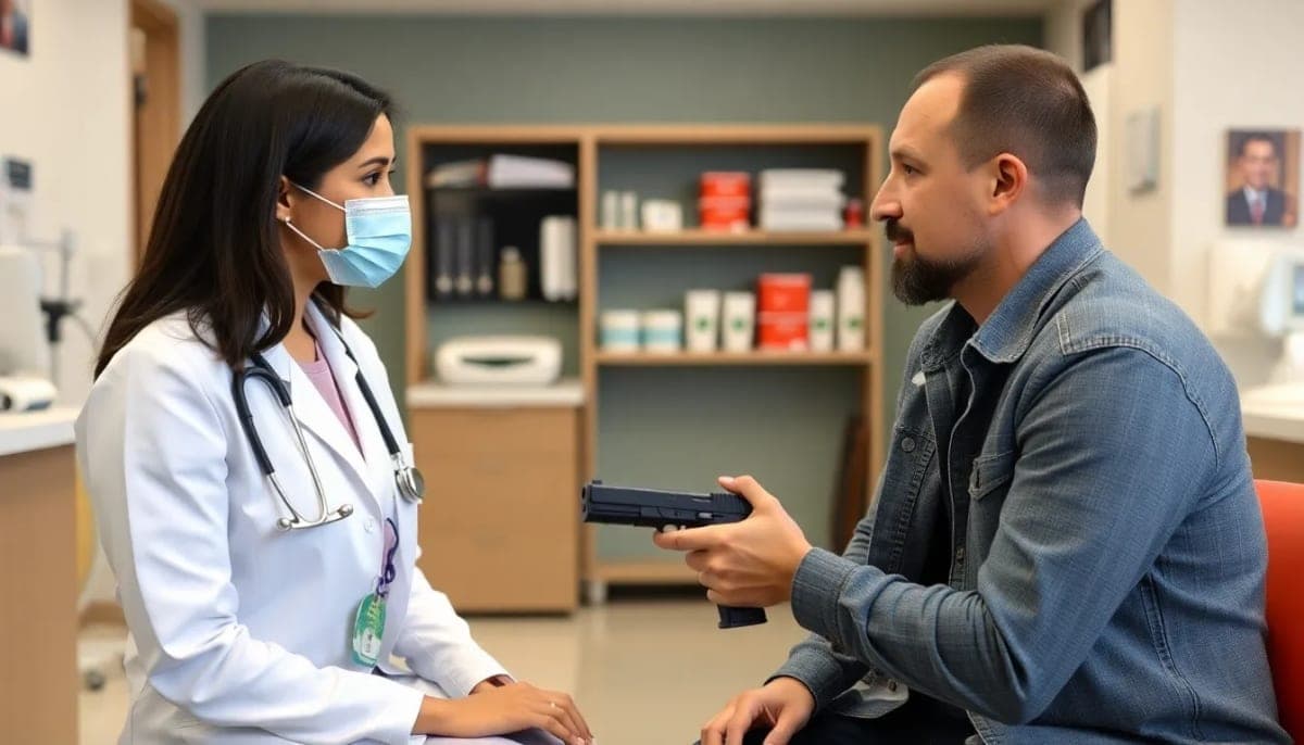 Health care provider discussing gun safety in a clinic setting.