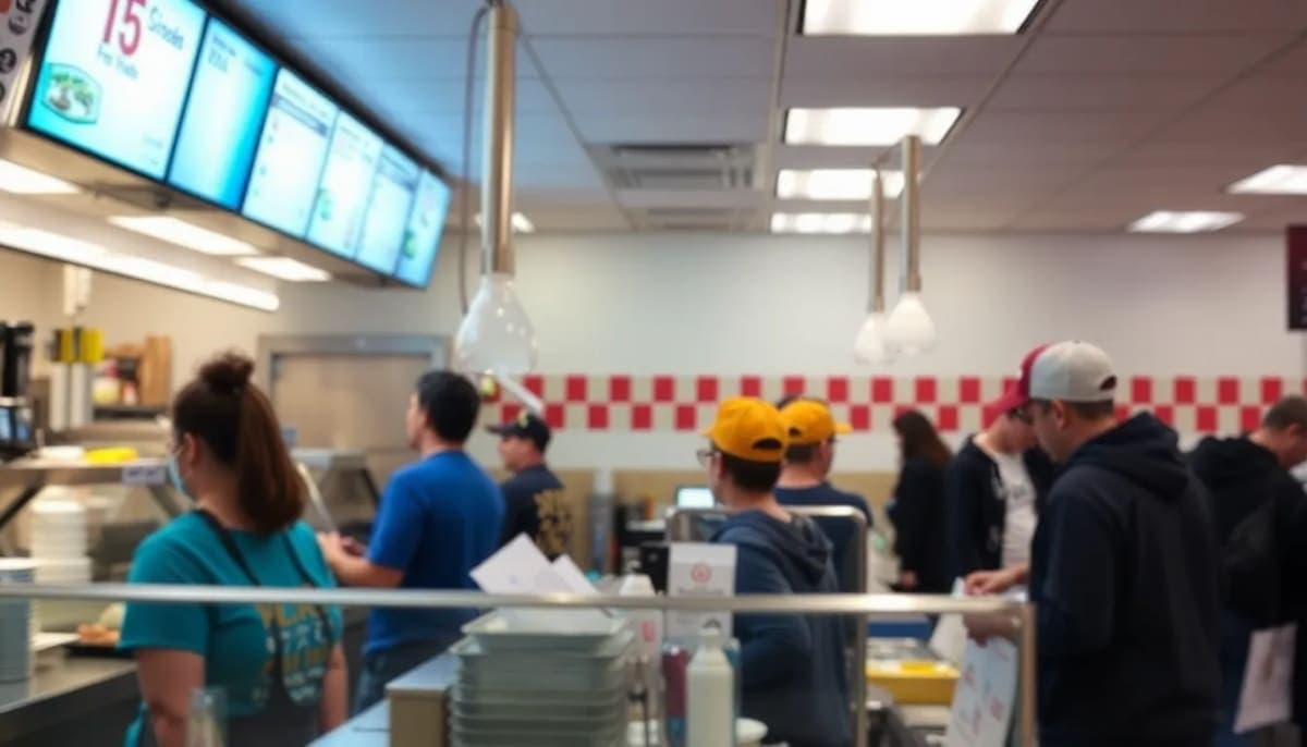 Fast-food workers serving customers in a Connecticut restaurant.